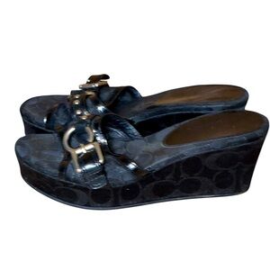 Coach Faye Black Wedge Sandal Shoe Logo Embossed Fabric Silver Buckle A0071